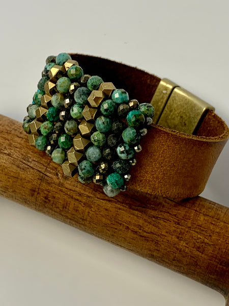 Green turquoise leather cuff