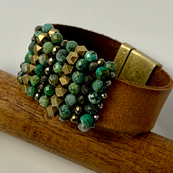 Green turquoise leather cuff