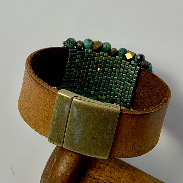 Green turquoise leather cuff