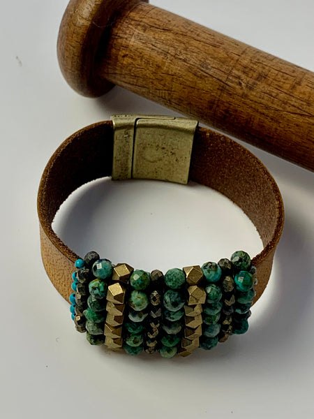 Green turquoise leather cuff