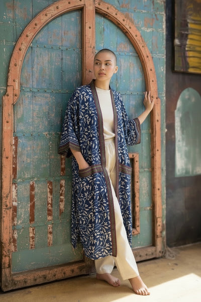 Blue Floral Hand-blocked Print Robe