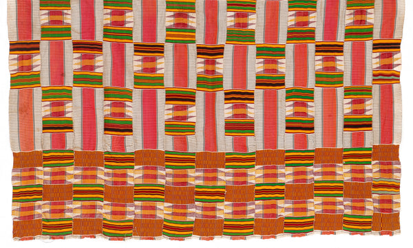 Colorful woven textile with a pattern of vertical stripes in red, green, and orange on a white background.